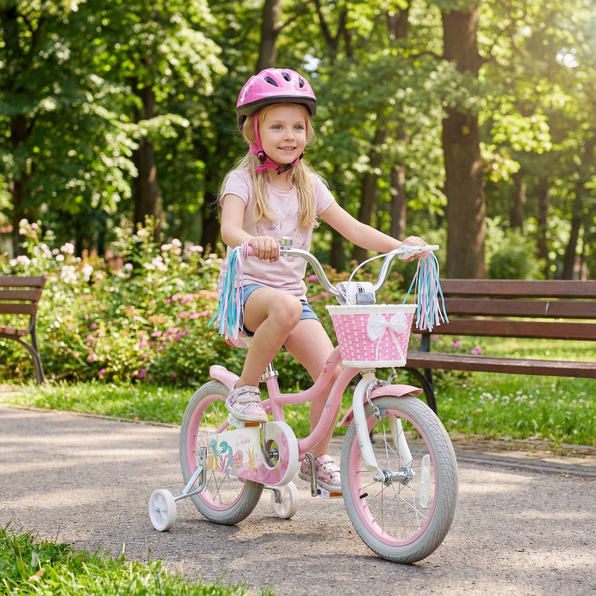 16 Inch Girls Bike with Basket, Streamers and Training Wheels, Mermaid Theme, Pink