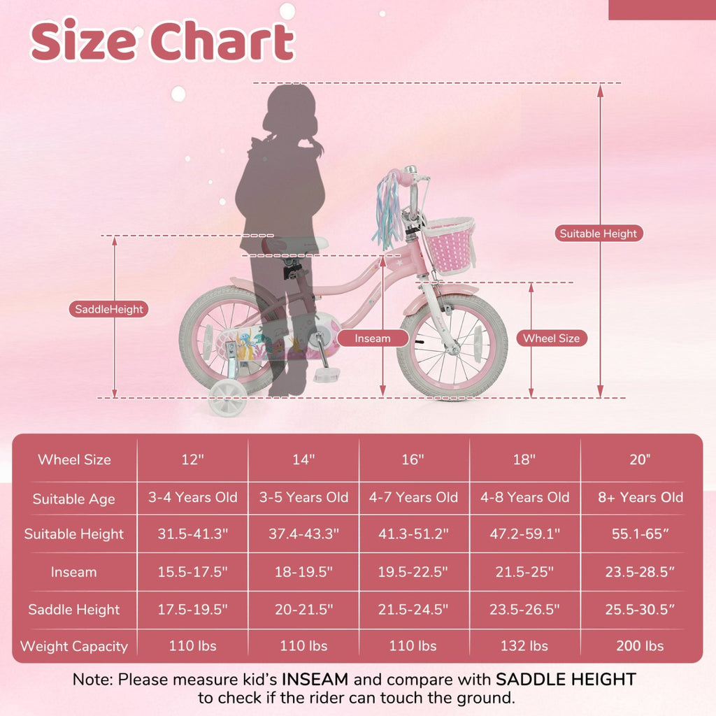 16 Inch Girls Bike with Basket, Streamers and Training Wheels, Mermaid Theme, Pink