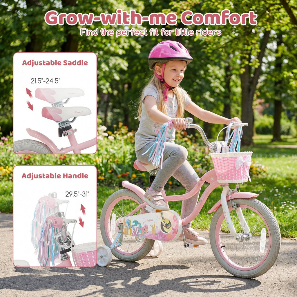16 Inch Girls Bike with Basket, Streamers and Training Wheels, Mermaid Theme, Pink