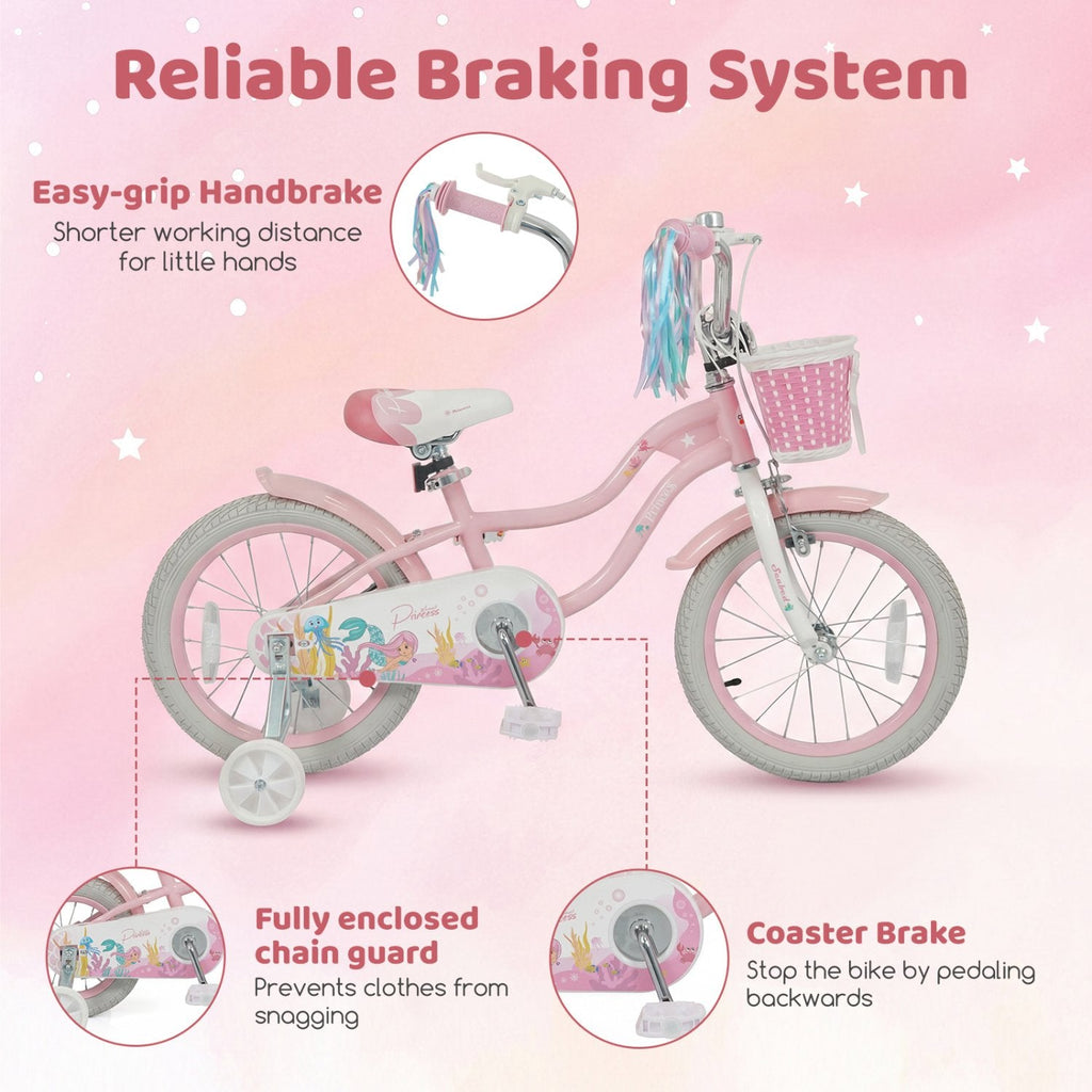 16 Inch Girls Bike with Basket, Streamers and Training Wheels, Mermaid Theme, Pink