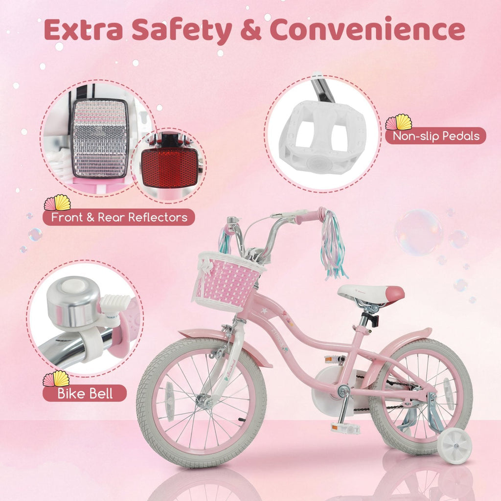 16 Inch Girls Bike with Basket, Streamers and Training Wheels, Mermaid Theme, Pink