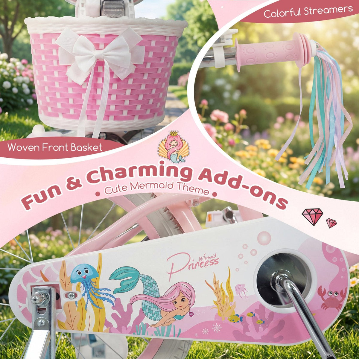 16 Inch Girls Bike with Basket, Streamers and Training Wheels, Mermaid Theme, Pink