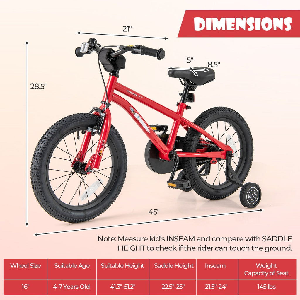 16 Inch Kids Bike with Handbrake, Coaster Brake and Bell, Red