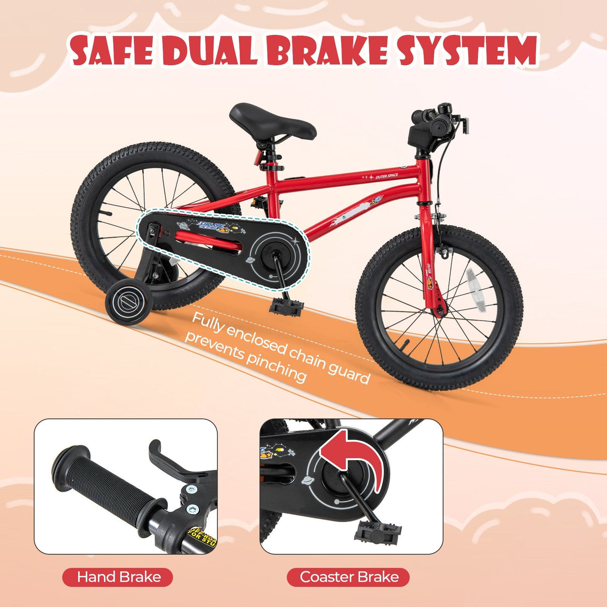 16 Inch Kids Bike with Handbrake, Coaster Brake and Bell, Red