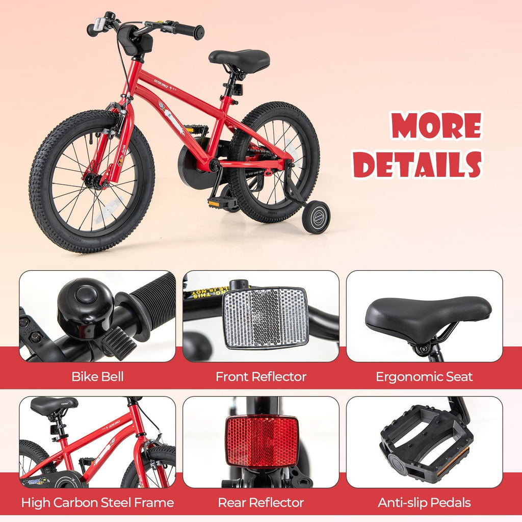 16 Inch Kids Bike with Handbrake, Coaster Brake and Bell, Red
