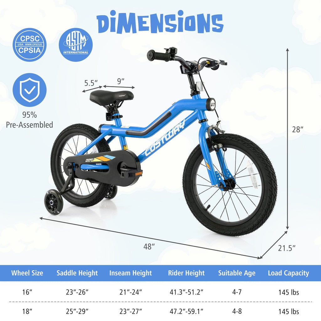 16 Inch LED Lighted Kids Bike with Headlight and Training Wheels, Blue