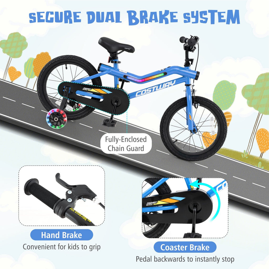16 Inch LED Lighted Kids Bike with Headlight and Training Wheels, Blue