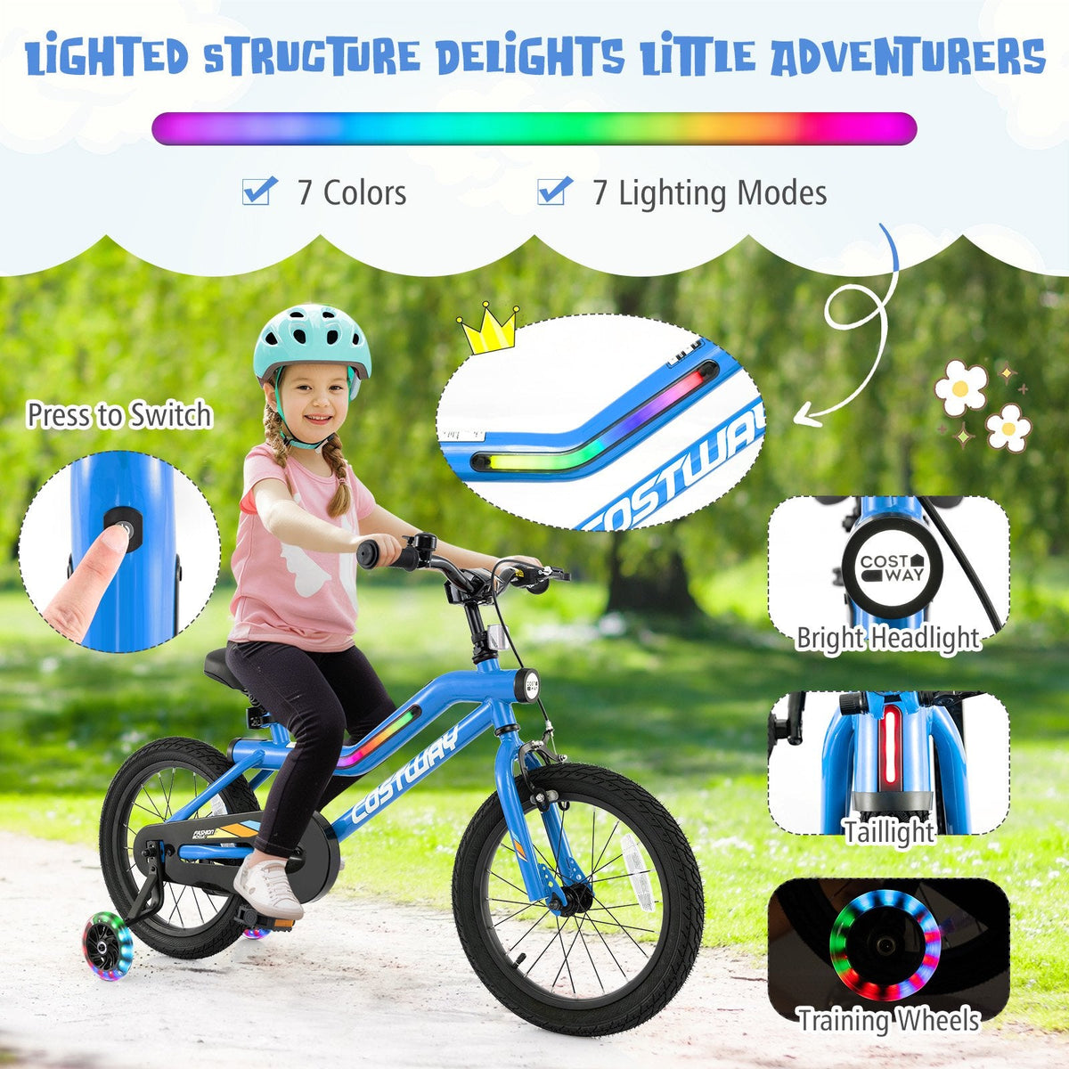16 Inch LED Lighted Kids Bike with Headlight and Training Wheels, Blue