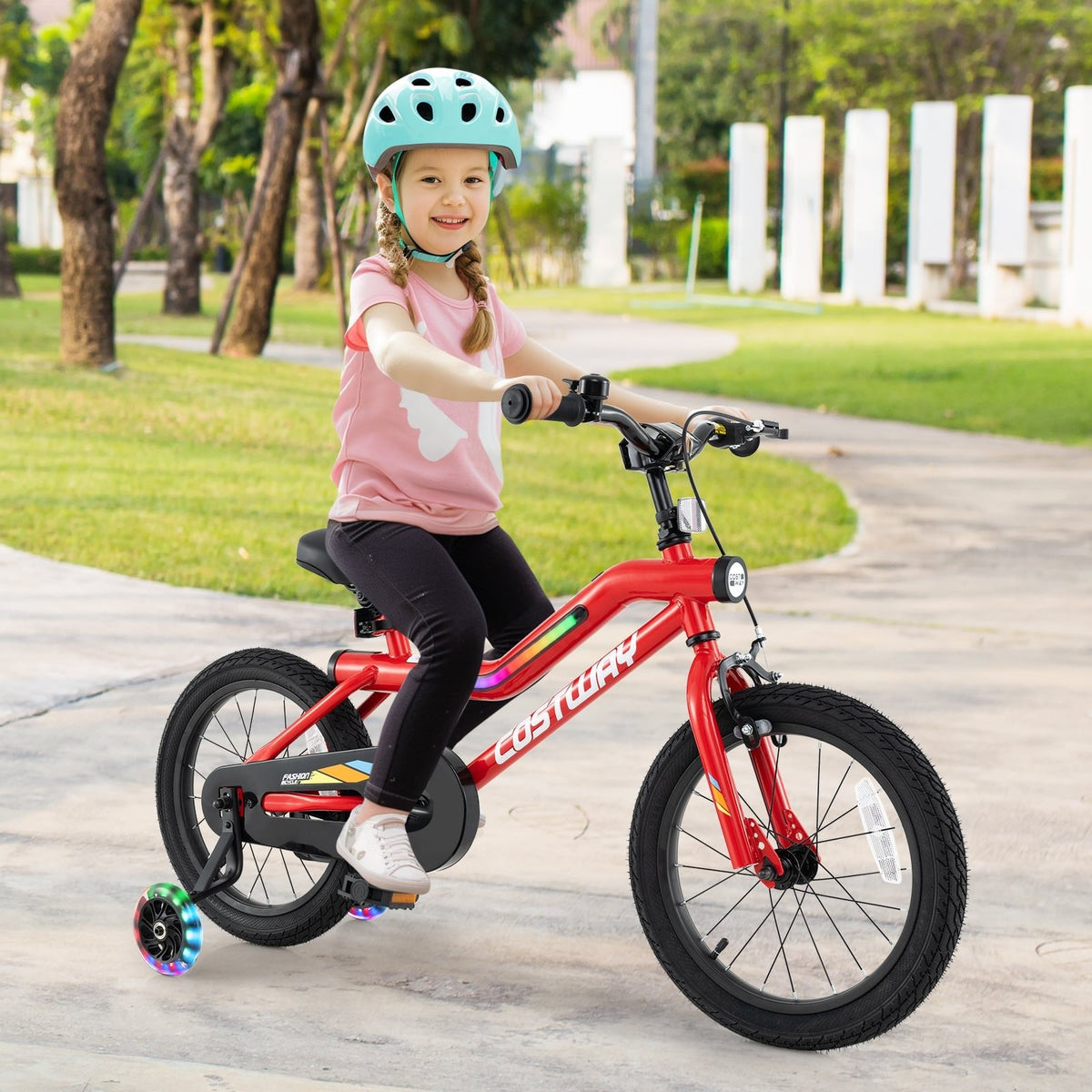 16 Inch LED Lighted Kids Bike with Headlight and Training Wheels, Red