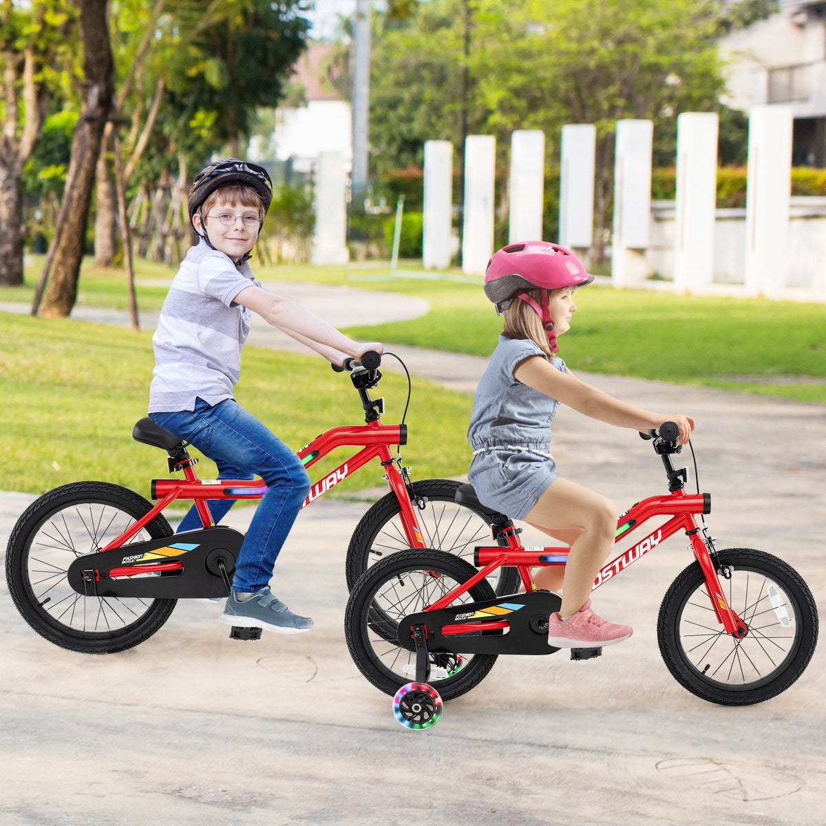 16 Inch LED Lighted Kids Bike with Headlight and Training Wheels, Red