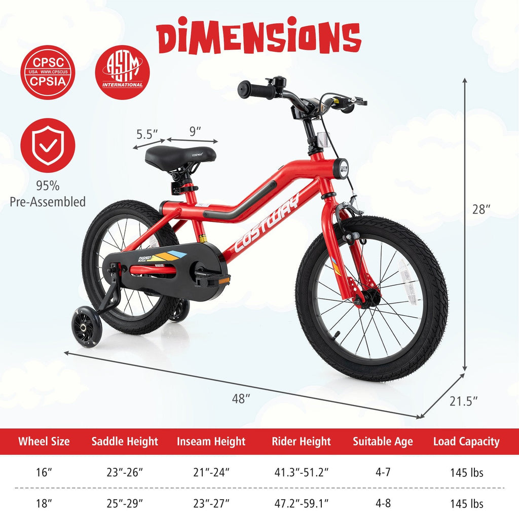 16 Inch LED Lighted Kids Bike with Headlight and Training Wheels, Red