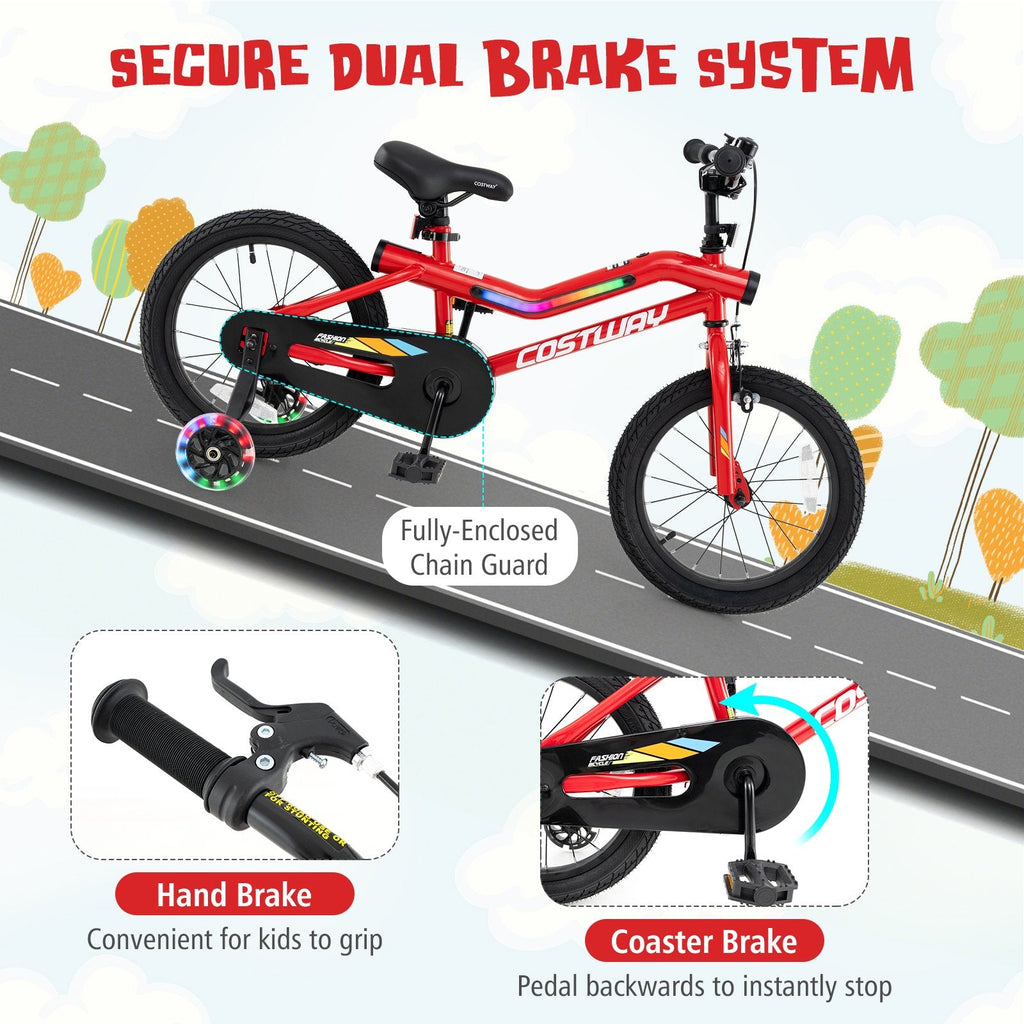 16 Inch LED Lighted Kids Bike with Headlight and Training Wheels, Red
