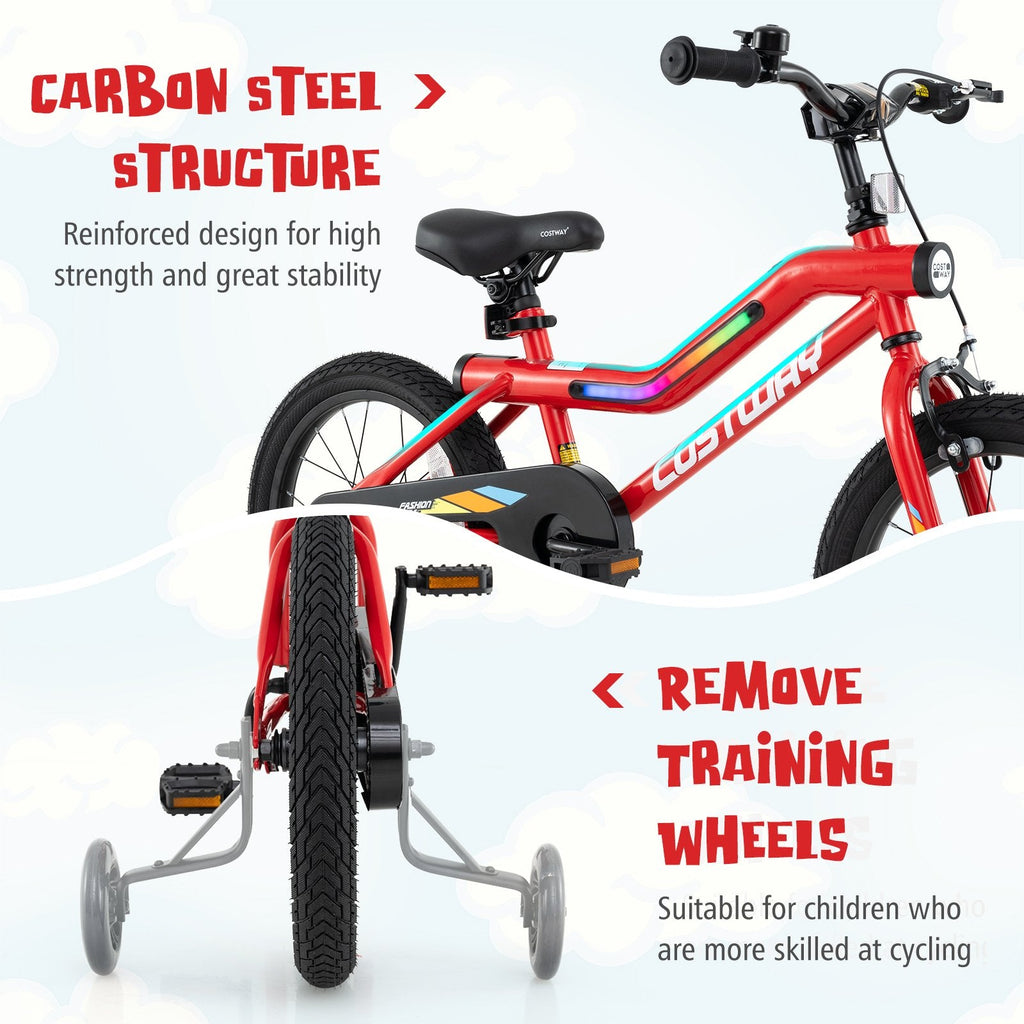 16 Inch LED Lighted Kids Bike with Headlight and Training Wheels, Red