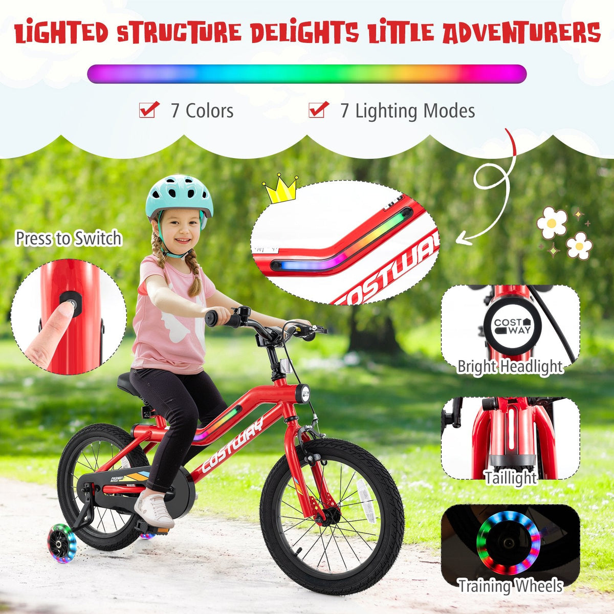 16 Inch LED Lighted Kids Bike with Headlight and Training Wheels, Red