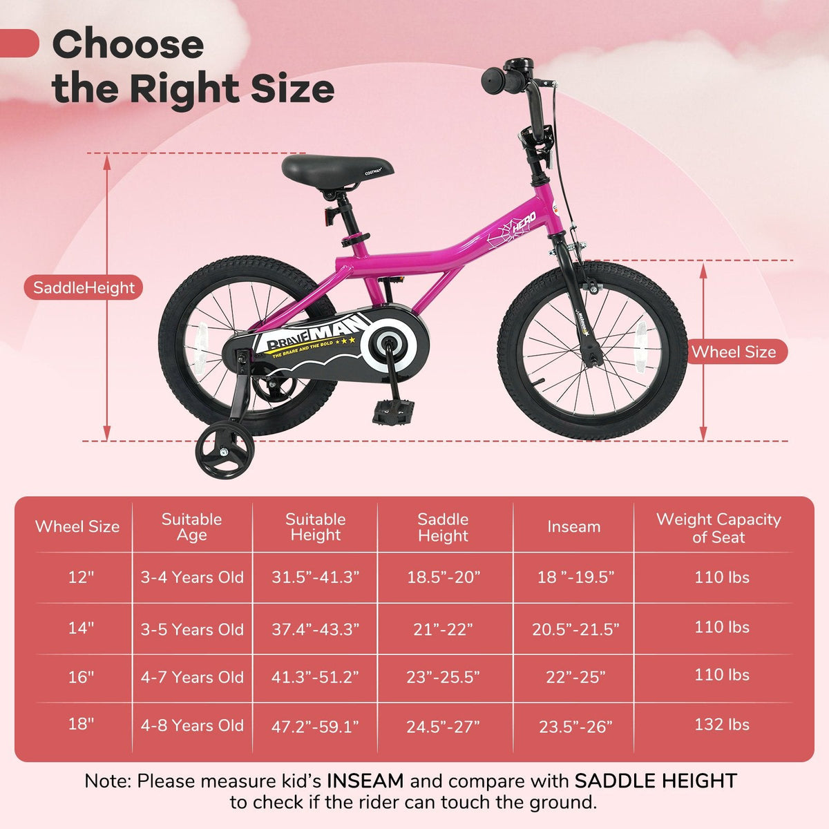 16 Inch Kids Bike with Bell and Removable Training Wheels, Pink