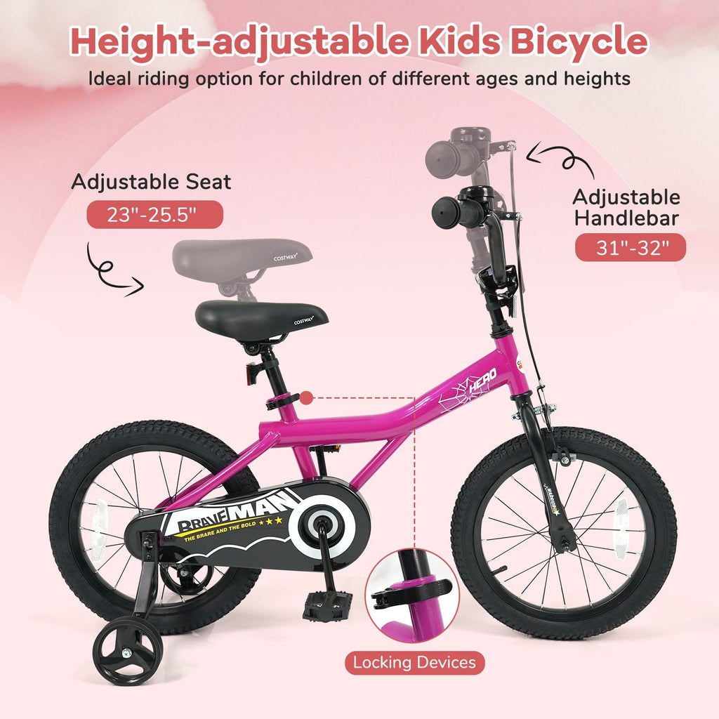 16 Inch Kids Bike with Bell and Removable Training Wheels, Pink