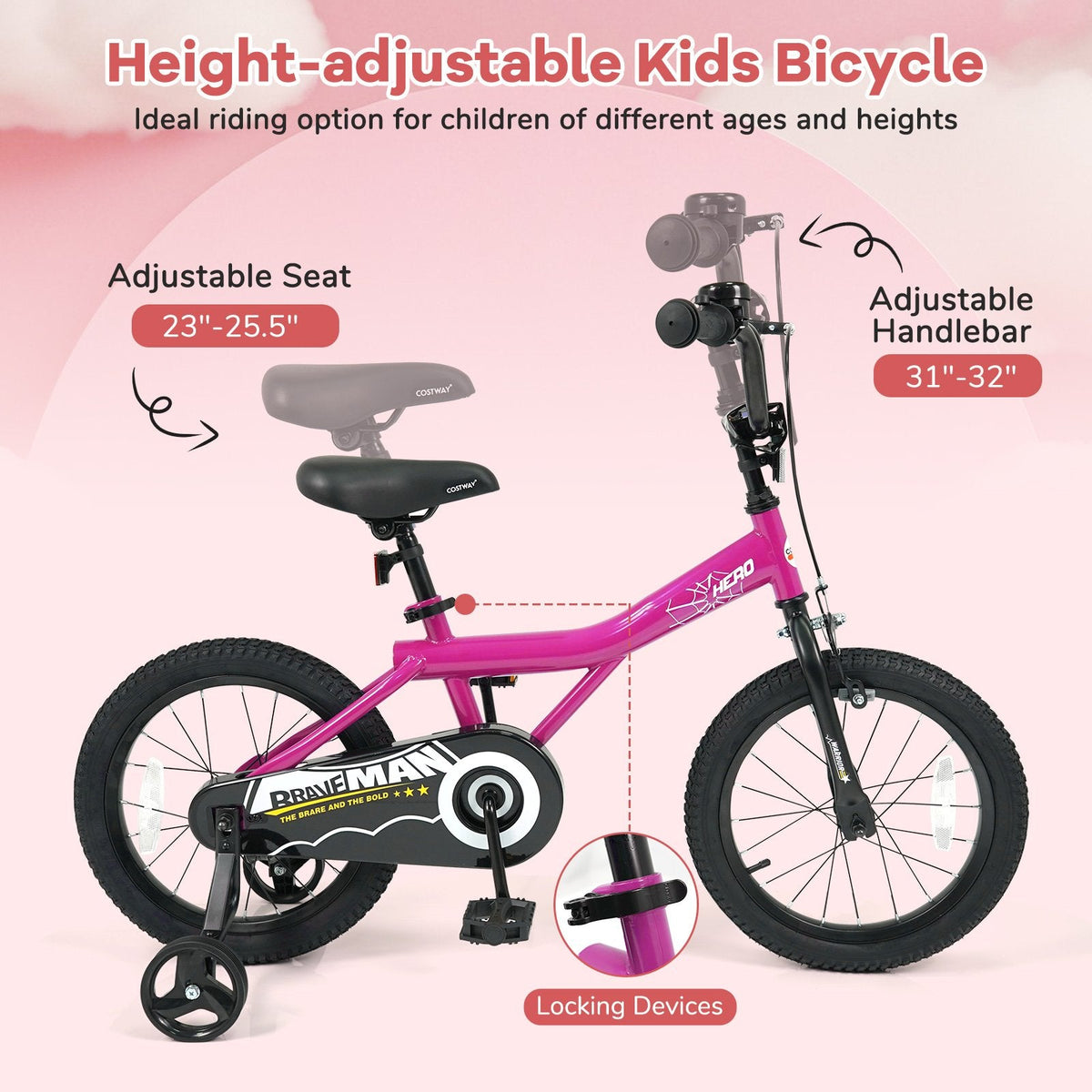 16 Inch Kids Bike with Bell and Removable Training Wheels, Pink