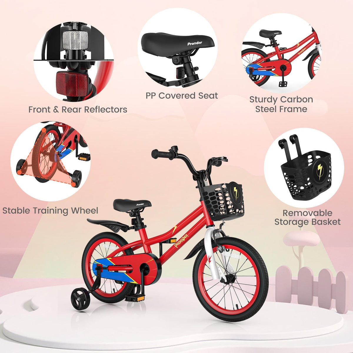 16 Inch Kids Bike with Removable Training Wheels and Reflectors, Red