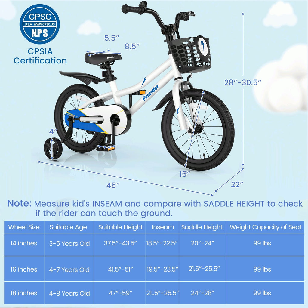 16 Inch Kids Bike with Removable Training Wheels and Reflectors, White