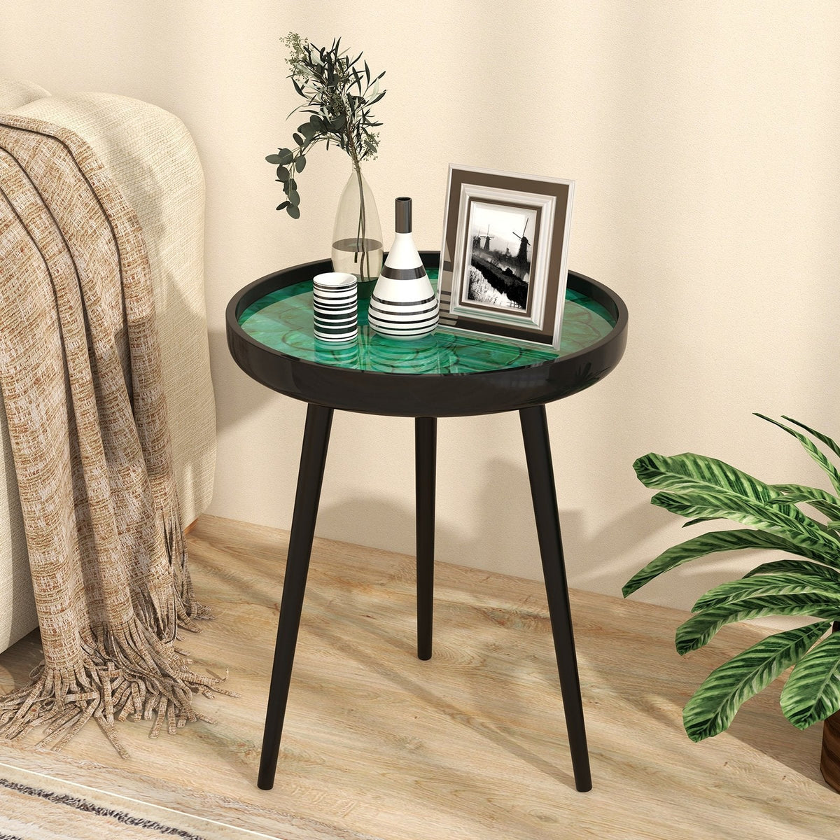 16 Inch Round Sea Shell End Table with Epoxy Resin Top, Green