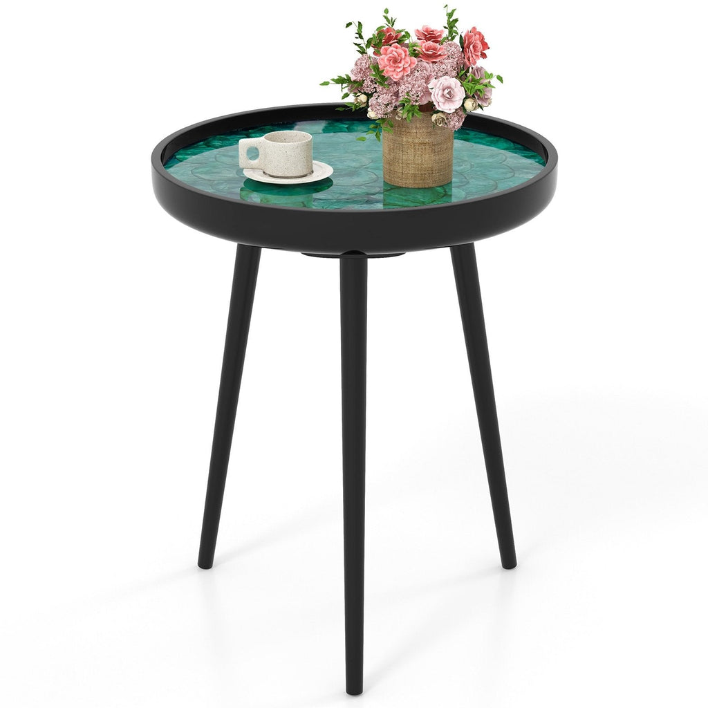 16 Inch Round Sea Shell End Table with Epoxy Resin Top, Green