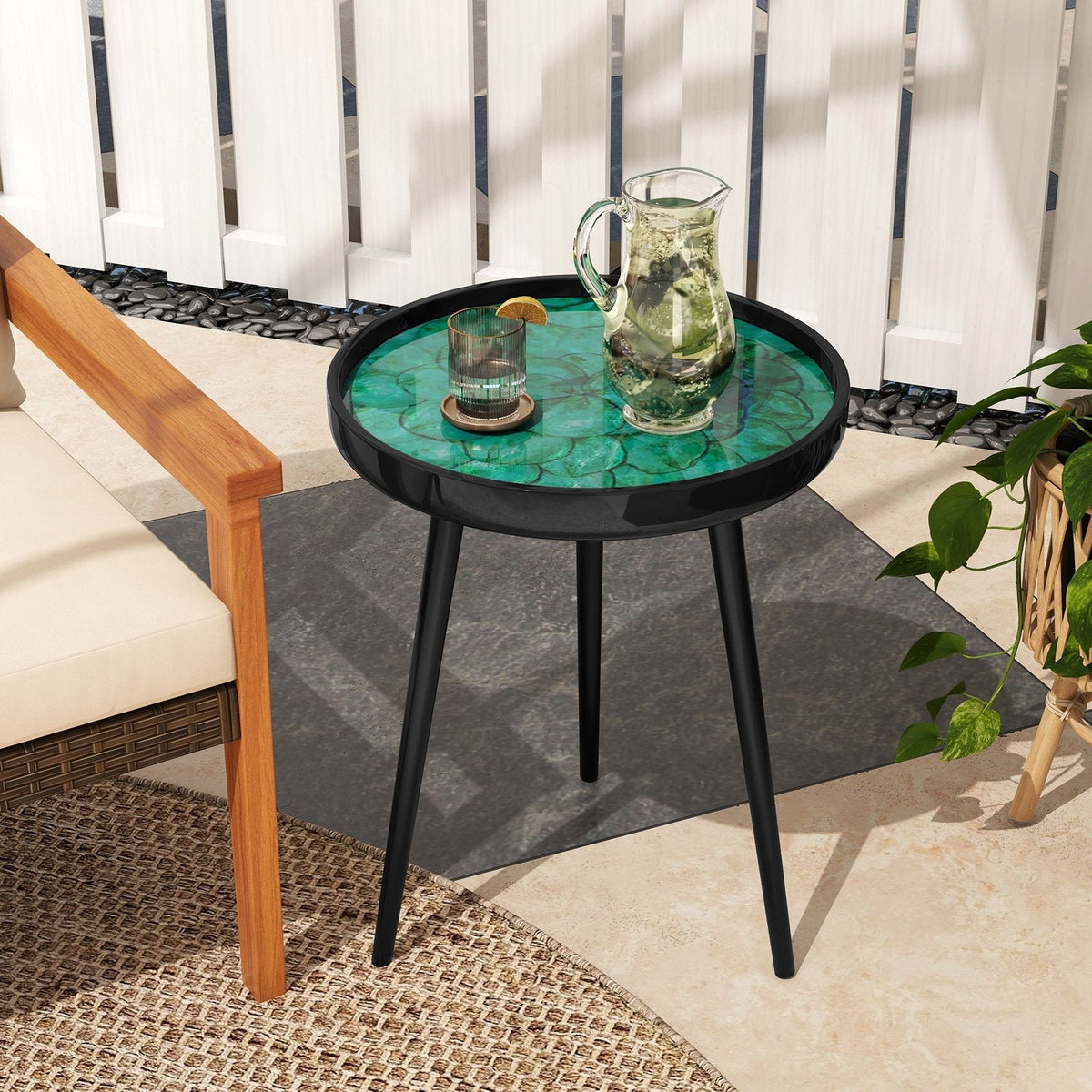 16 Inch Round Sea Shell End Table with Epoxy Resin Top, Green