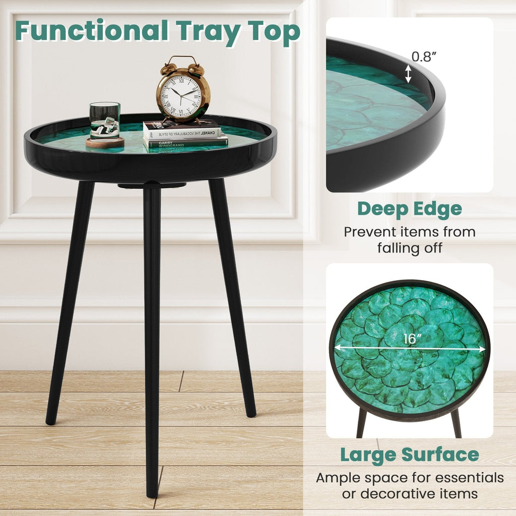 16 Inch Round Sea Shell End Table with Epoxy Resin Top, Green