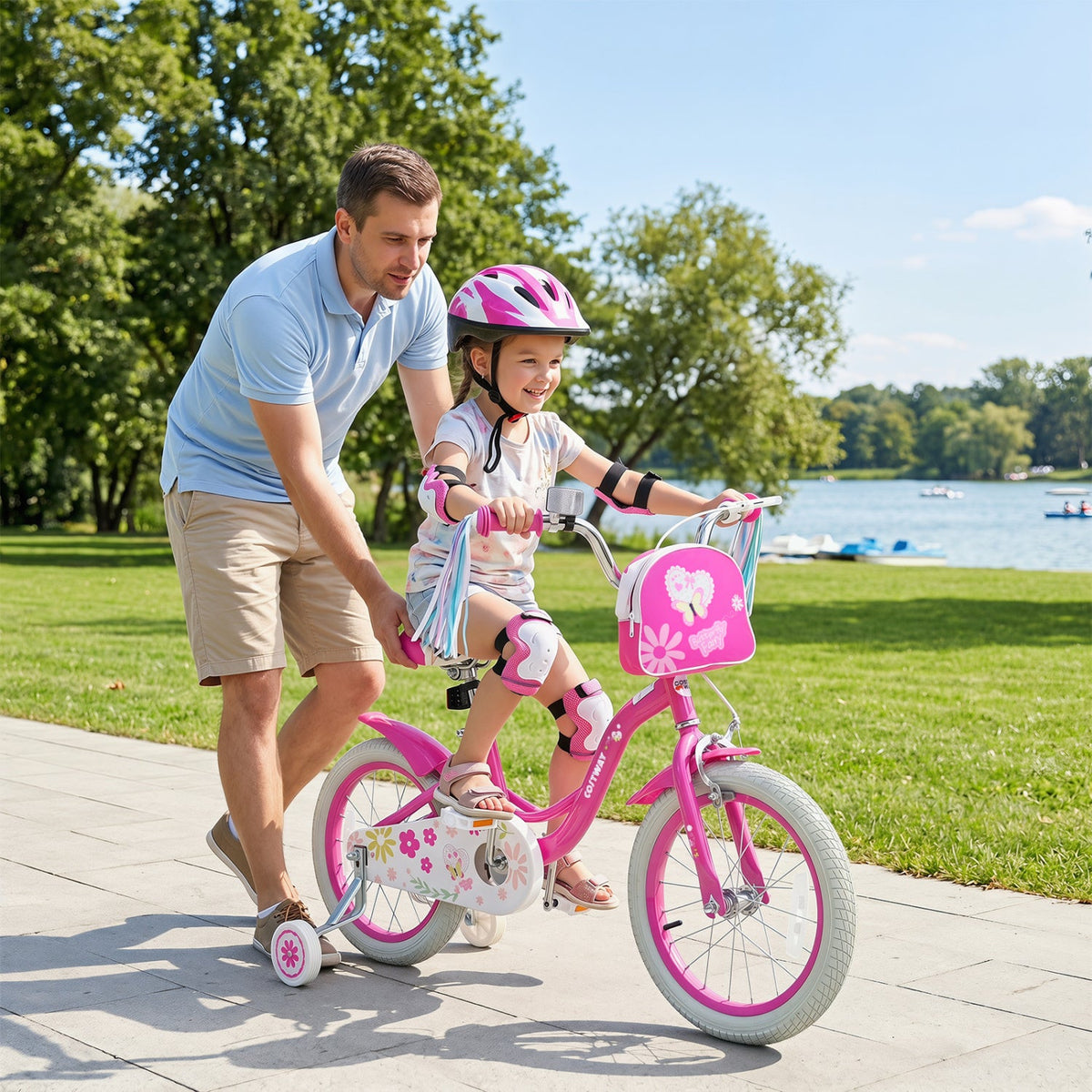 16 Inch Girls Bike with Front Bag, Streamers and Training Wheels, Pink