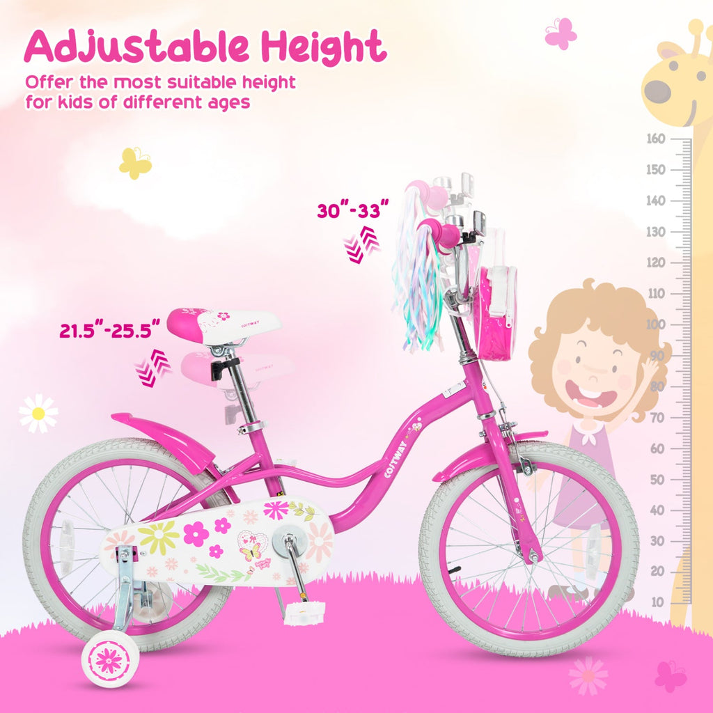 16 Inch Girls Bike with Front Bag, Streamers and Training Wheels, Pink