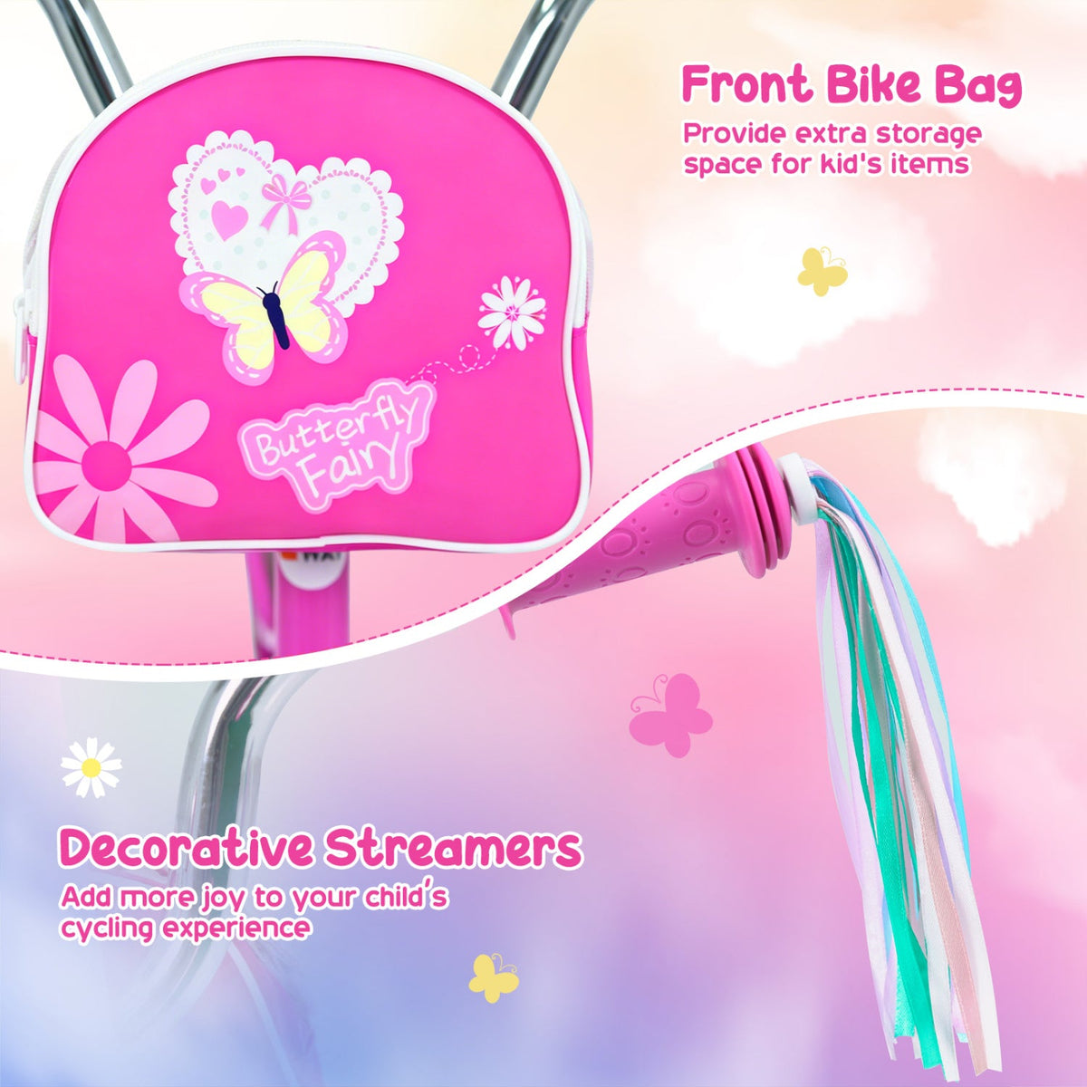 16 Inch Girls Bike with Front Bag, Streamers and Training Wheels, Pink
