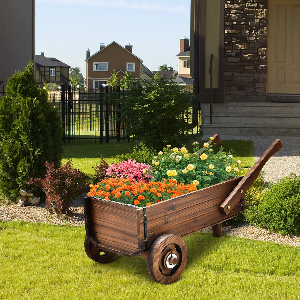 Wooden Wagon Planter Box with Wheels and Handles, 32 Inch Carbonized Fir Garden Cart