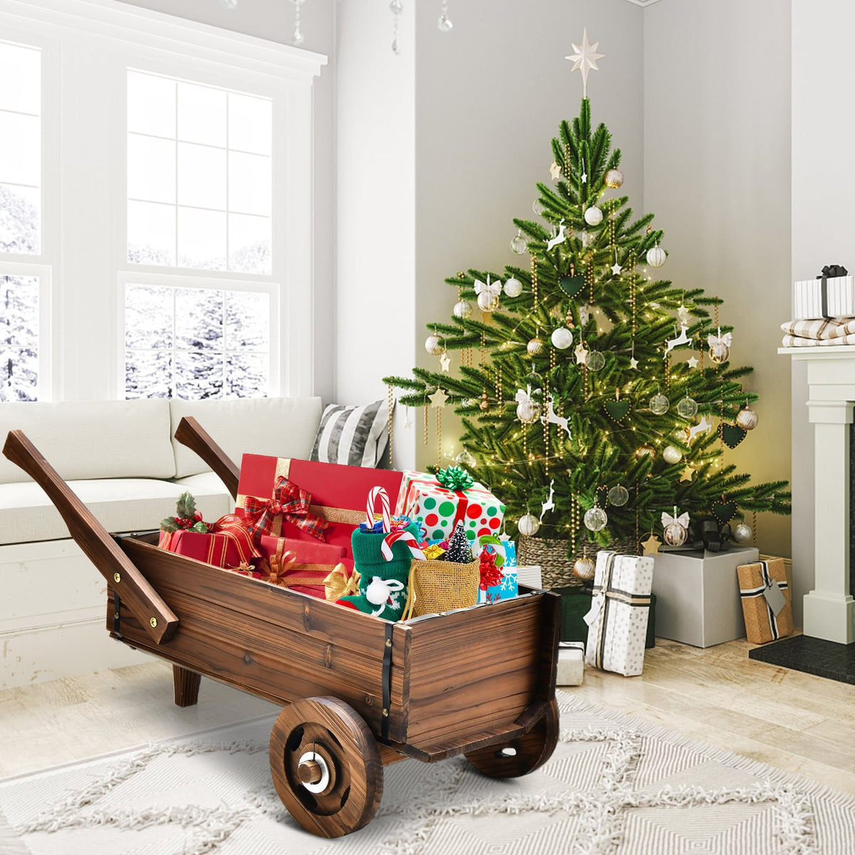 Wooden Wagon Planter Box with Wheels and Handles, 32 Inch Carbonized Fir Garden Cart