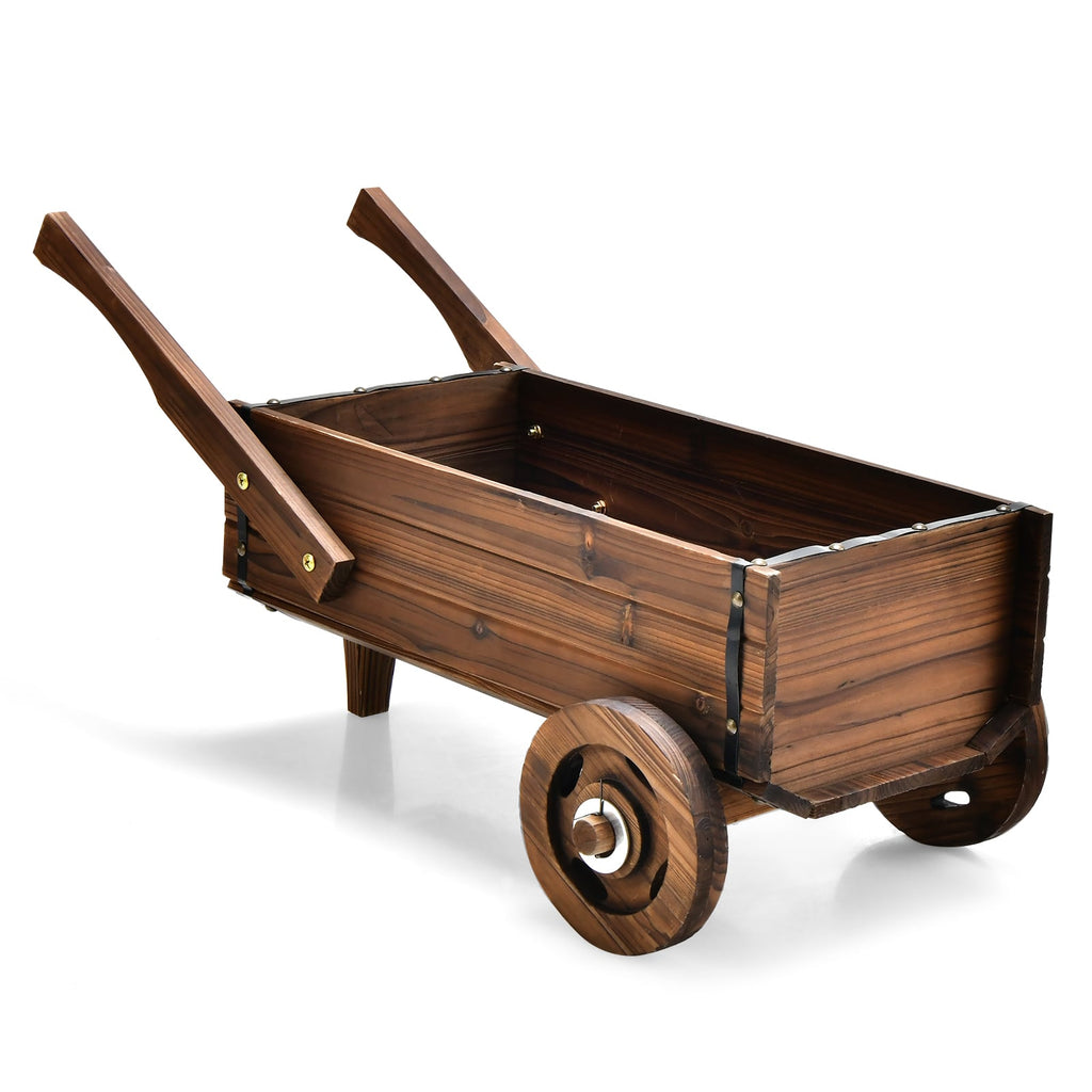 Wooden Wagon Planter Box with Wheels and Handles, 32 Inch Carbonized Fir Garden Cart