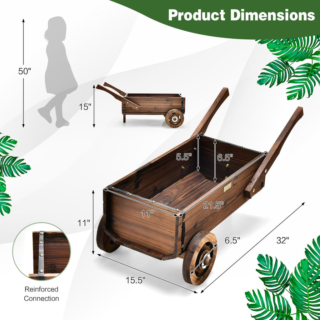 Wooden Wagon Planter Box with Wheels and Handles, 32 Inch Carbonized Fir Garden Cart