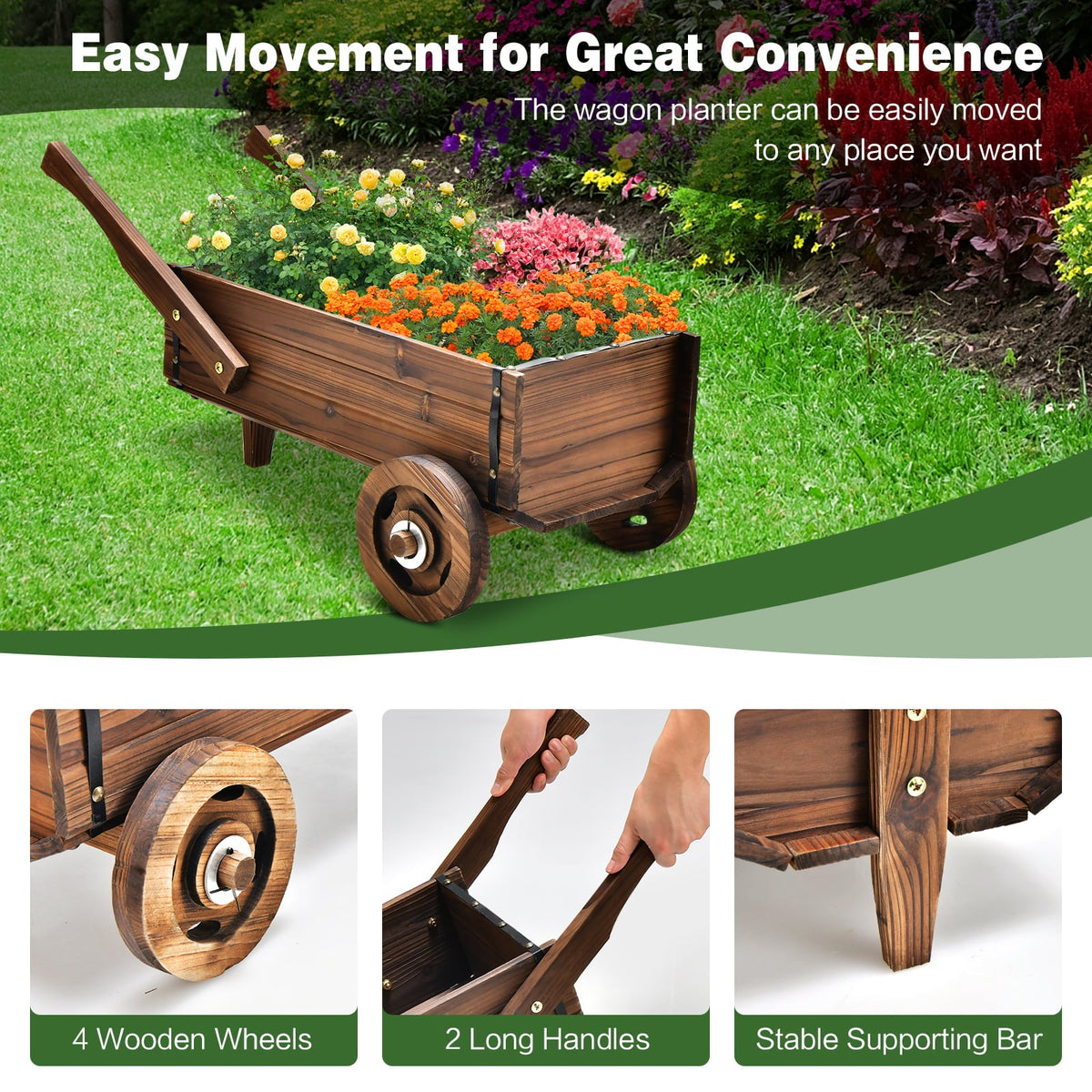 Wooden Wagon Planter Box with Wheels and Handles, 32 Inch Carbonized Fir Garden Cart
