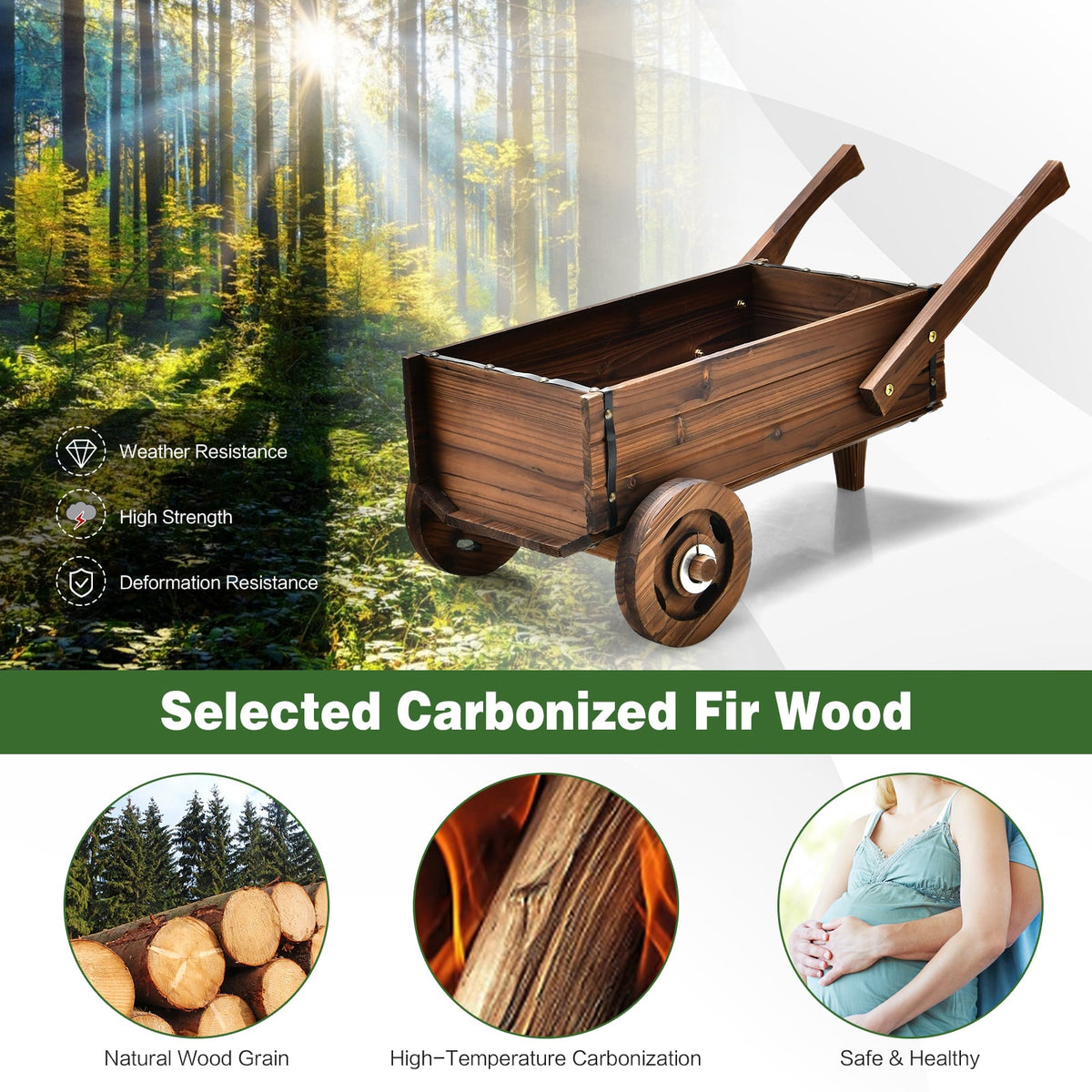 Wooden Wagon Planter Box with Wheels and Handles, 32 Inch Carbonized Fir Garden Cart