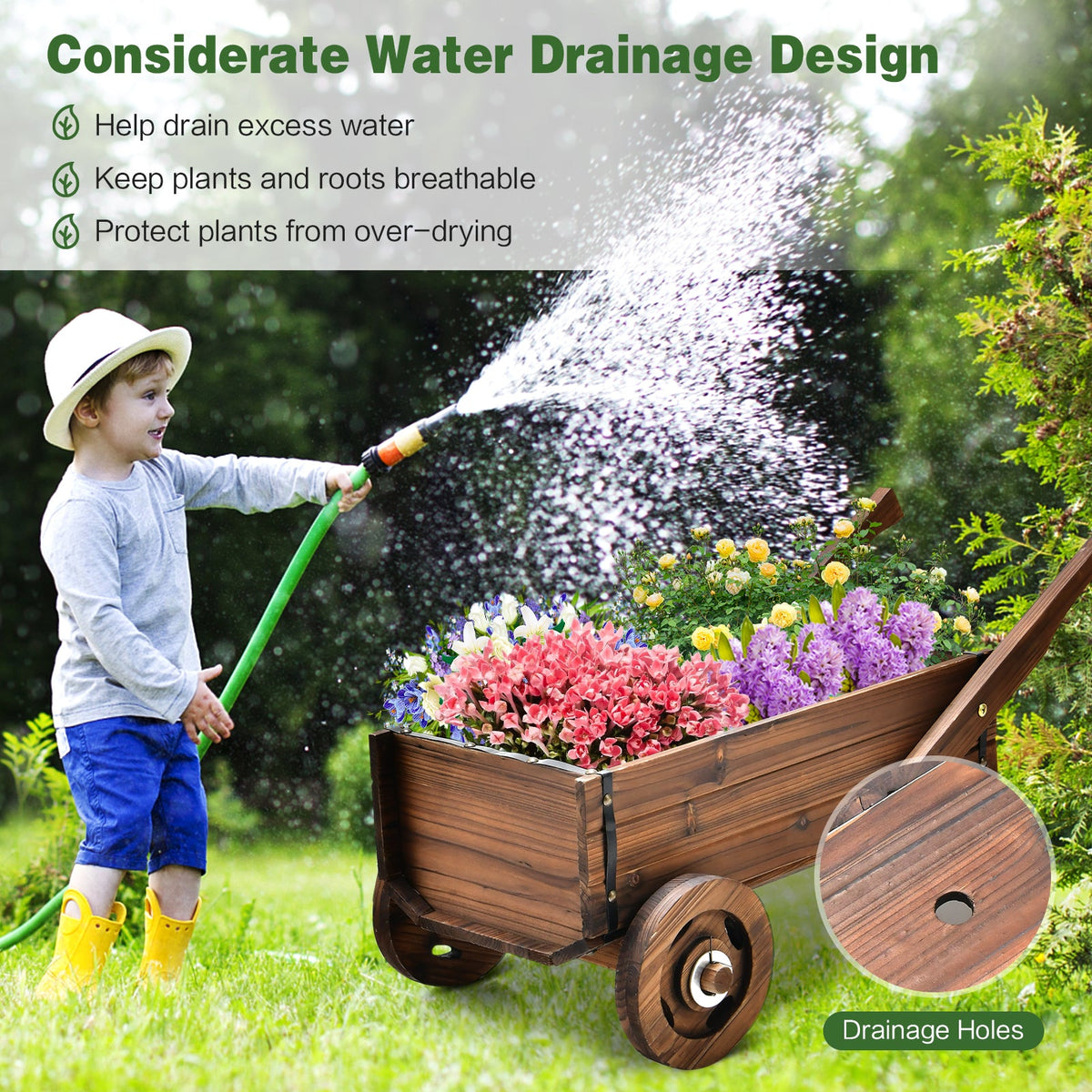 Wooden Wagon Planter Box with Wheels and Handles, 32 Inch Carbonized Fir Garden Cart