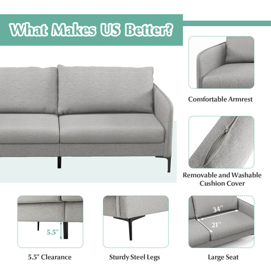76 in Grey Loveseat Sofa with Shock Absorbing Springs, Washable Cushion Covers and 660 lb Capacity