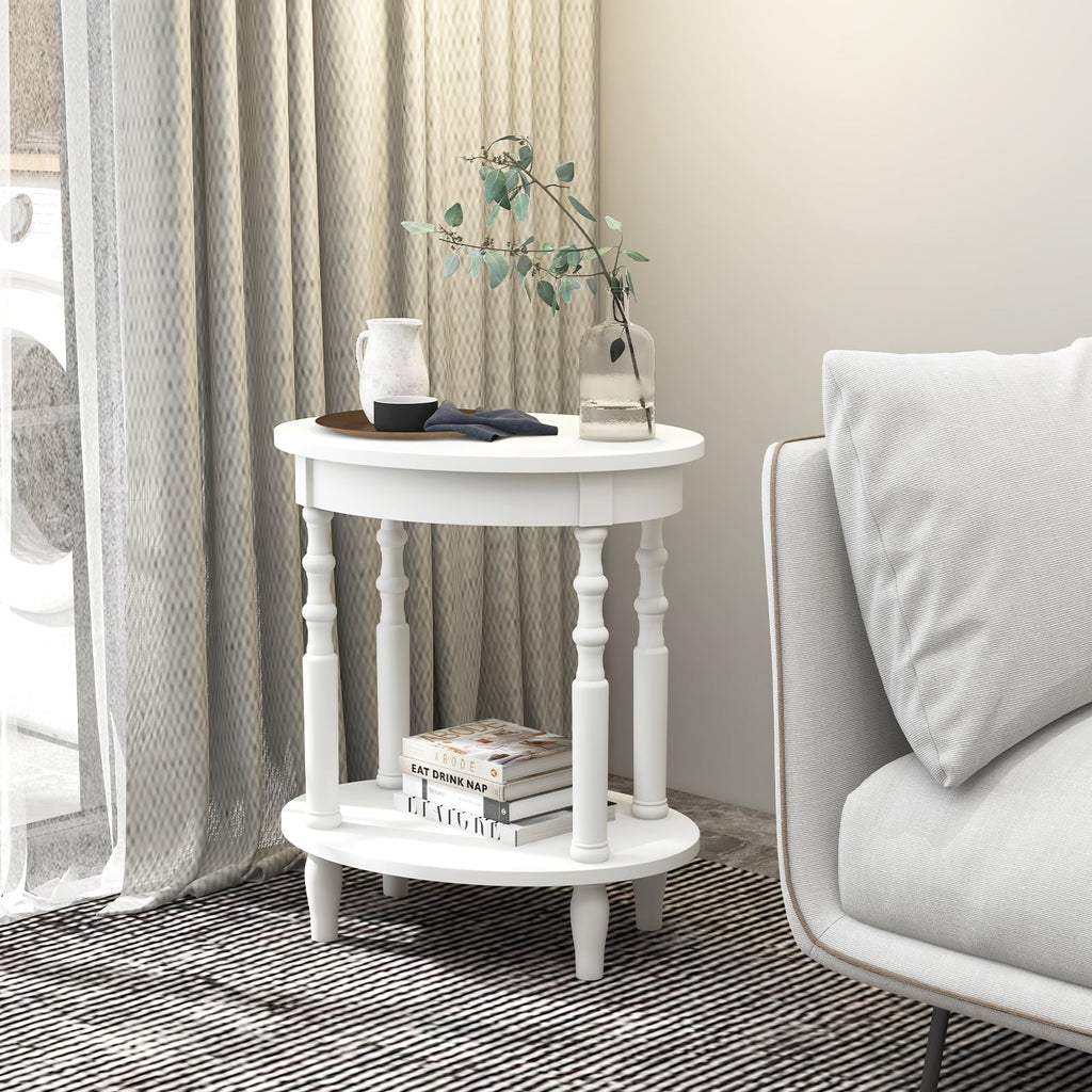 2 Tier Oval Side Table with Turned Spindle Legs and Storage Shelf, White