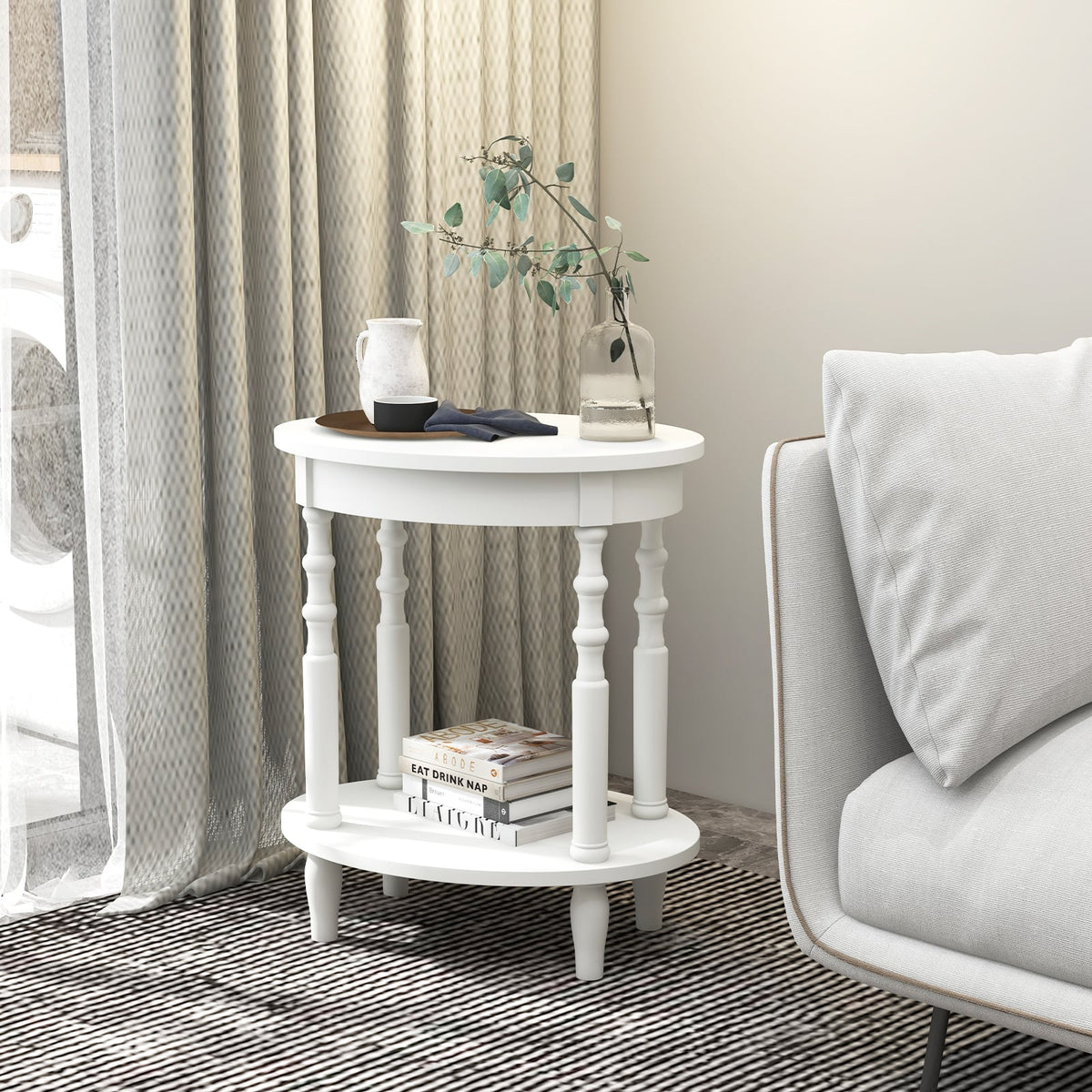 2 Tier Oval Side Table with Turned Spindle Legs and Storage Shelf, White