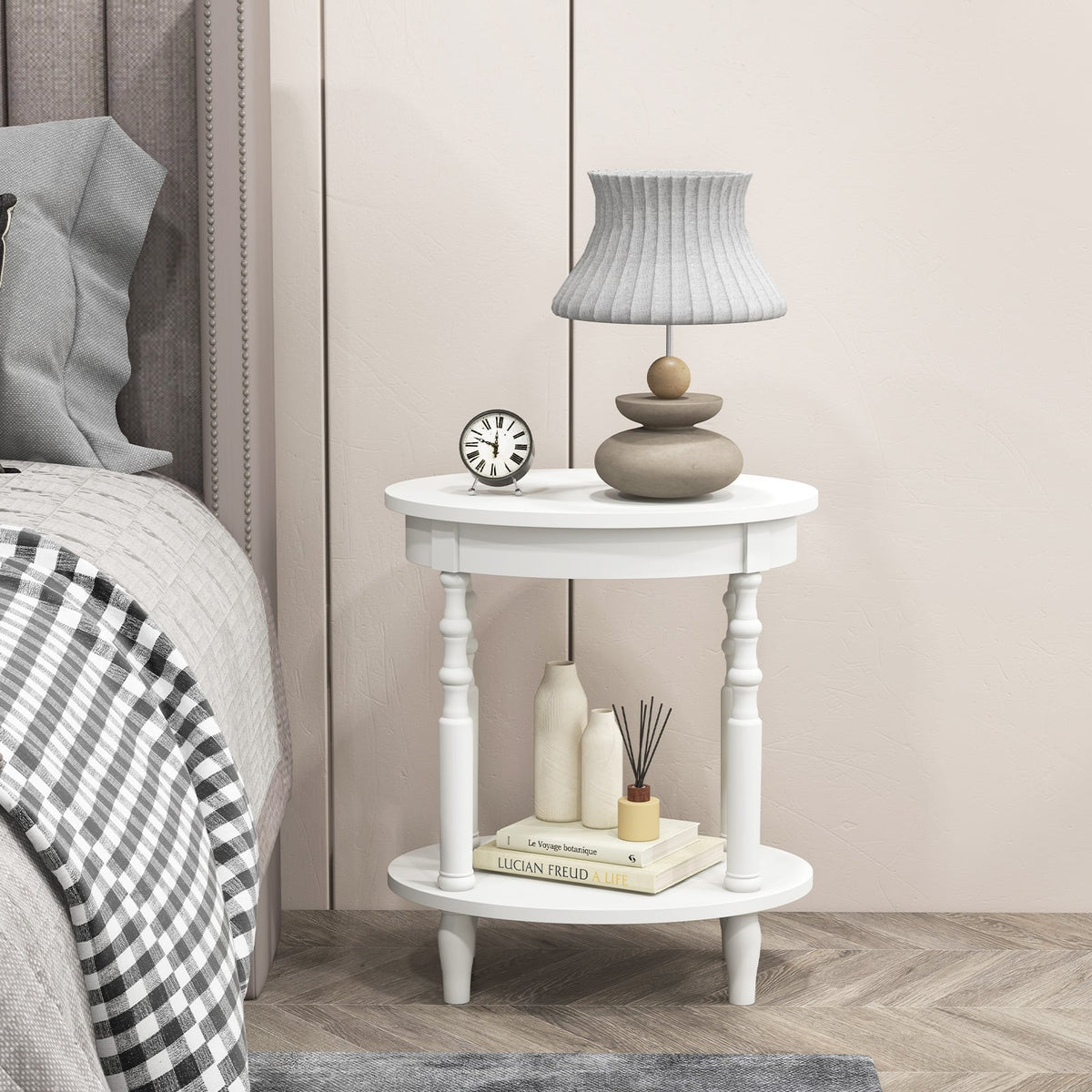 2 Tier Oval Side Table with Turned Spindle Legs and Storage Shelf, White
