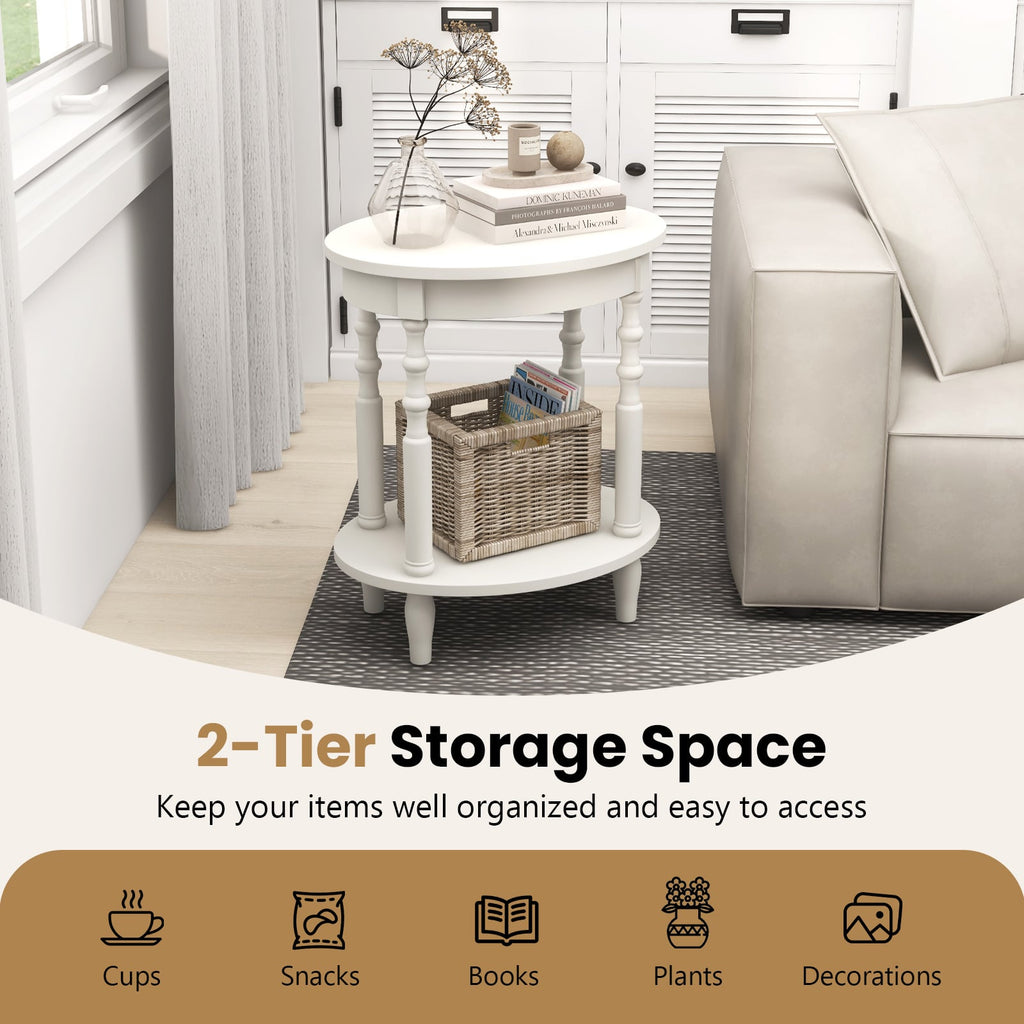 2 Tier Oval Side Table with Turned Spindle Legs and Storage Shelf, White