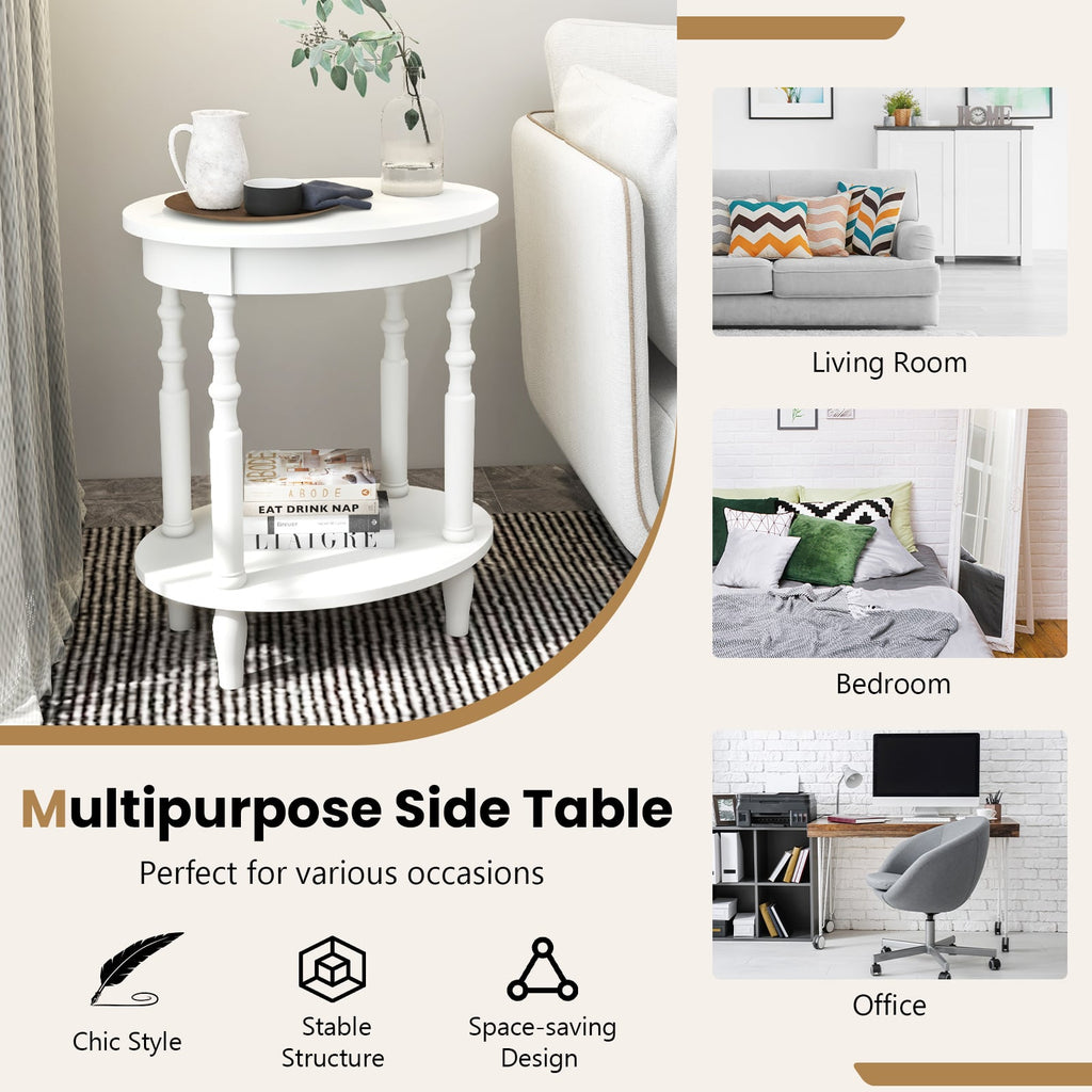 2 Tier Oval Side Table with Turned Spindle Legs and Storage Shelf, White