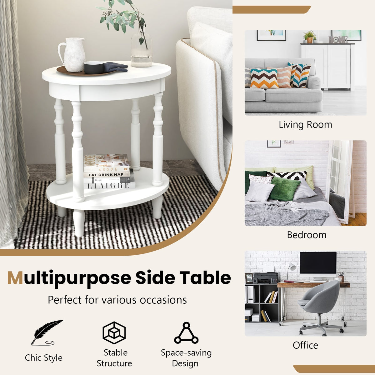 2 Tier Oval Side Table with Turned Spindle Legs and Storage Shelf, White