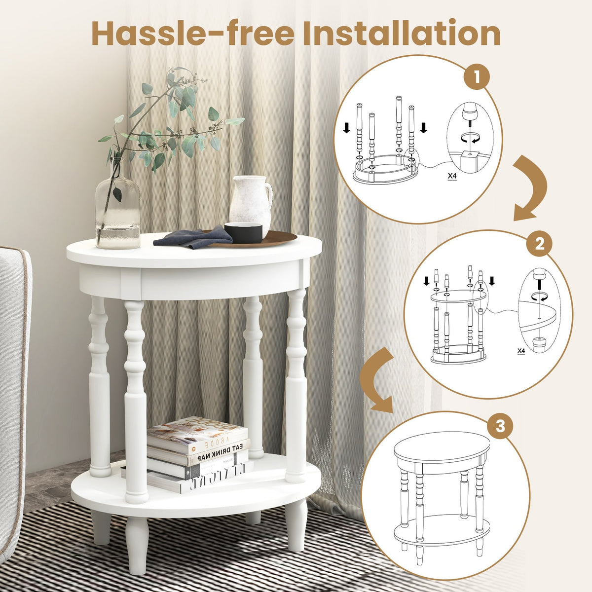 2 Tier Oval Side Table with Turned Spindle Legs and Storage Shelf, White