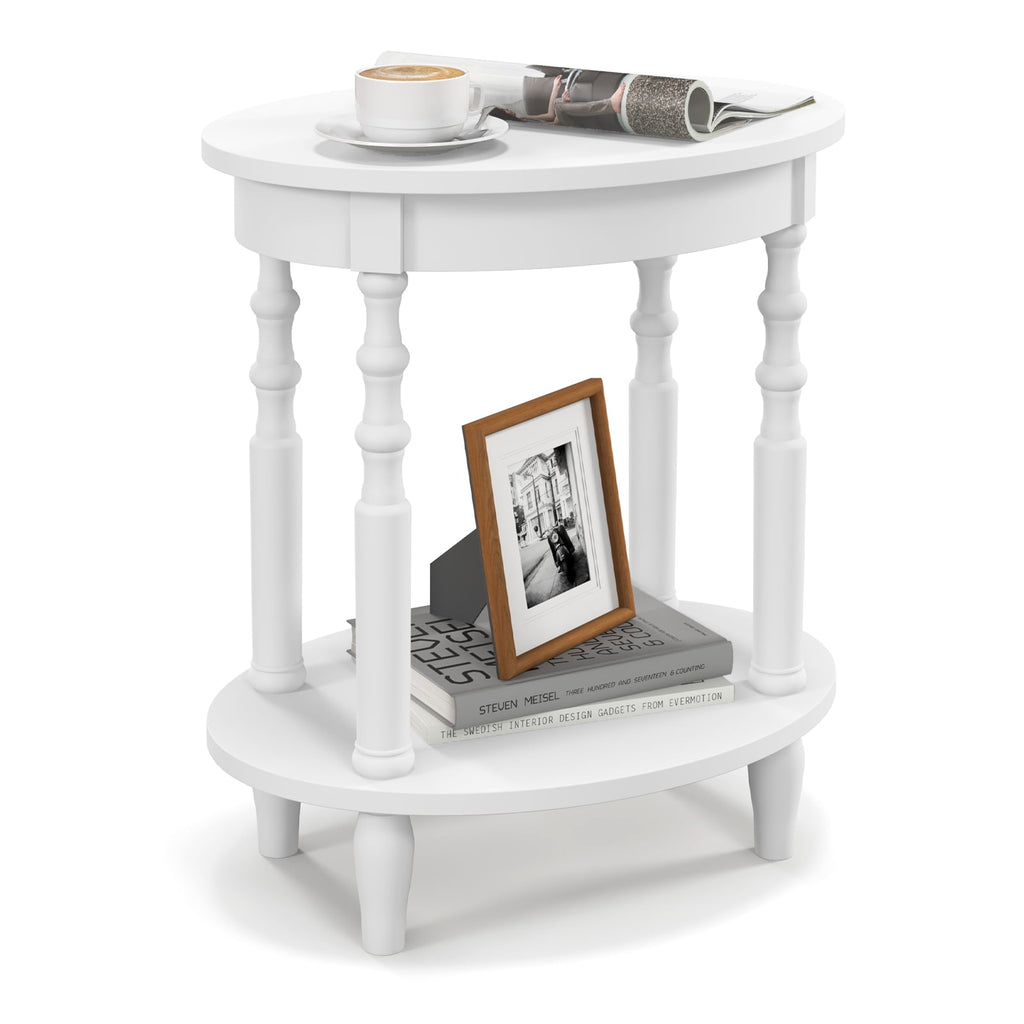 2 Tier Oval Side Table with Turned Spindle Legs and Storage Shelf, White