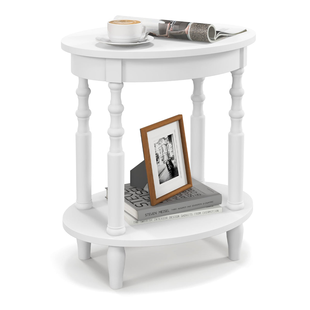 2 Tier Oval Side Table with Turned Spindle Legs and Storage Shelf, White