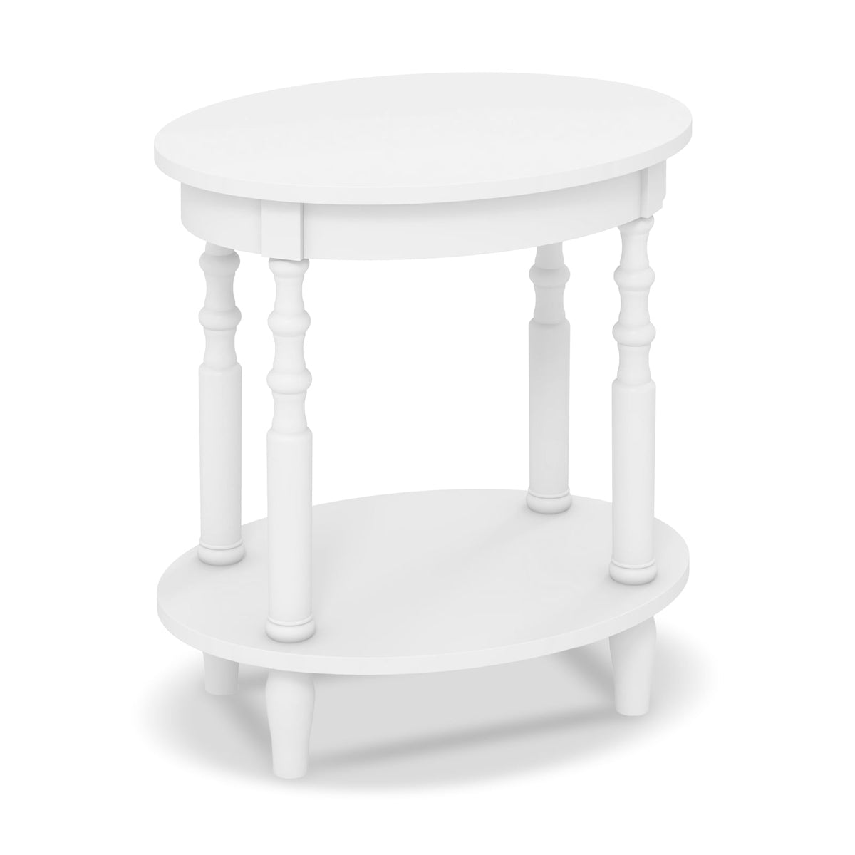 2 Tier Oval Side Table with Turned Spindle Legs and Storage Shelf, White