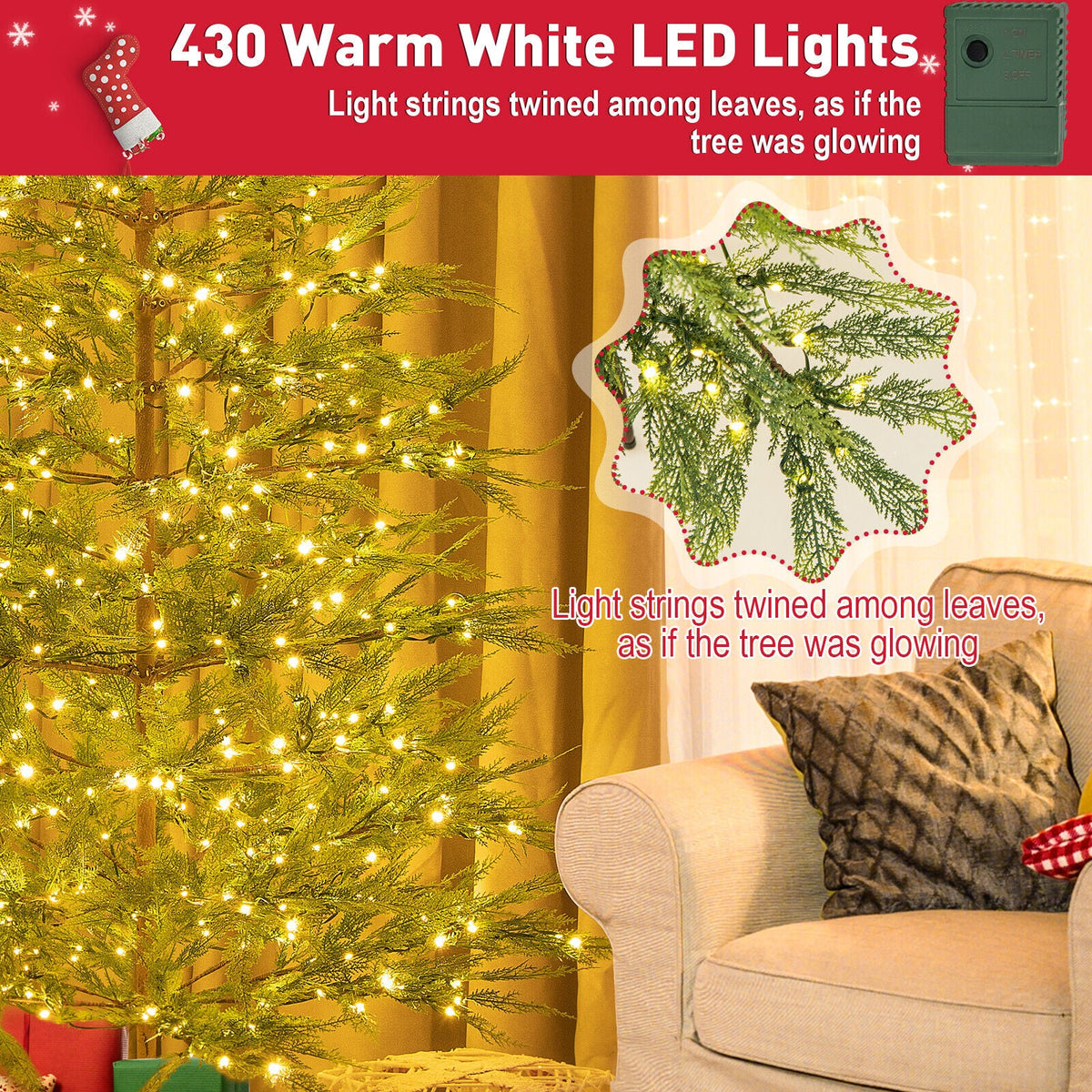 6.5 FT Pre-Lit Artificial Cypress Christmas Tree with 470 PE Tips and 430 Hidden Warm White LEDs