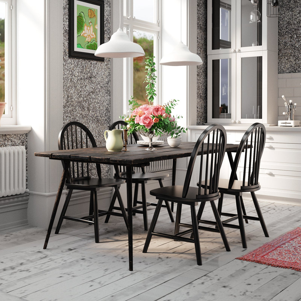 Set of 2 Windsor Spindle Back Dining Chairs, Black Solid Rubber Wood